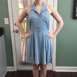 Chambray halter fit & flare shirt dress